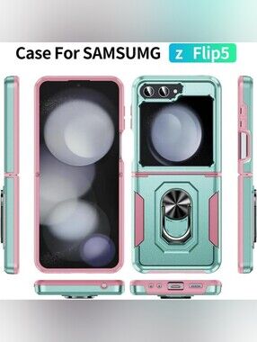 Samsung Z Flip5 Dual-Tone Protective Case with Ring Stand - Mint & Pink